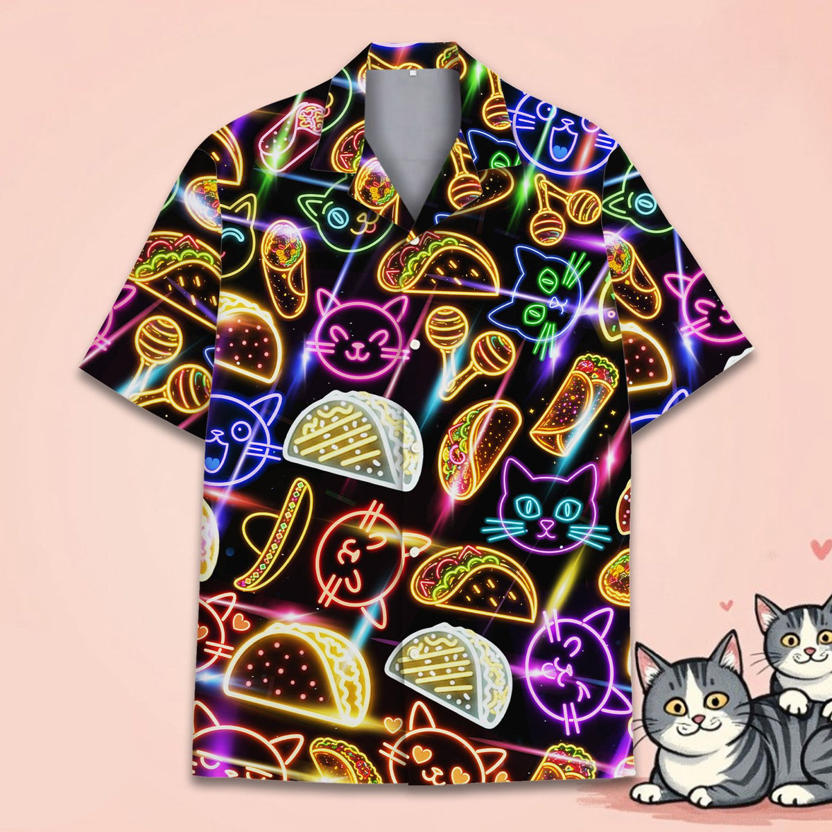 Close up front view of the neon cats and tacos hawaiian shirt