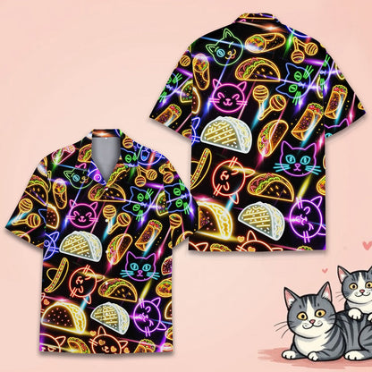 Front view showing neon pink, blue, green and yellow design elements on hawaiian shirt