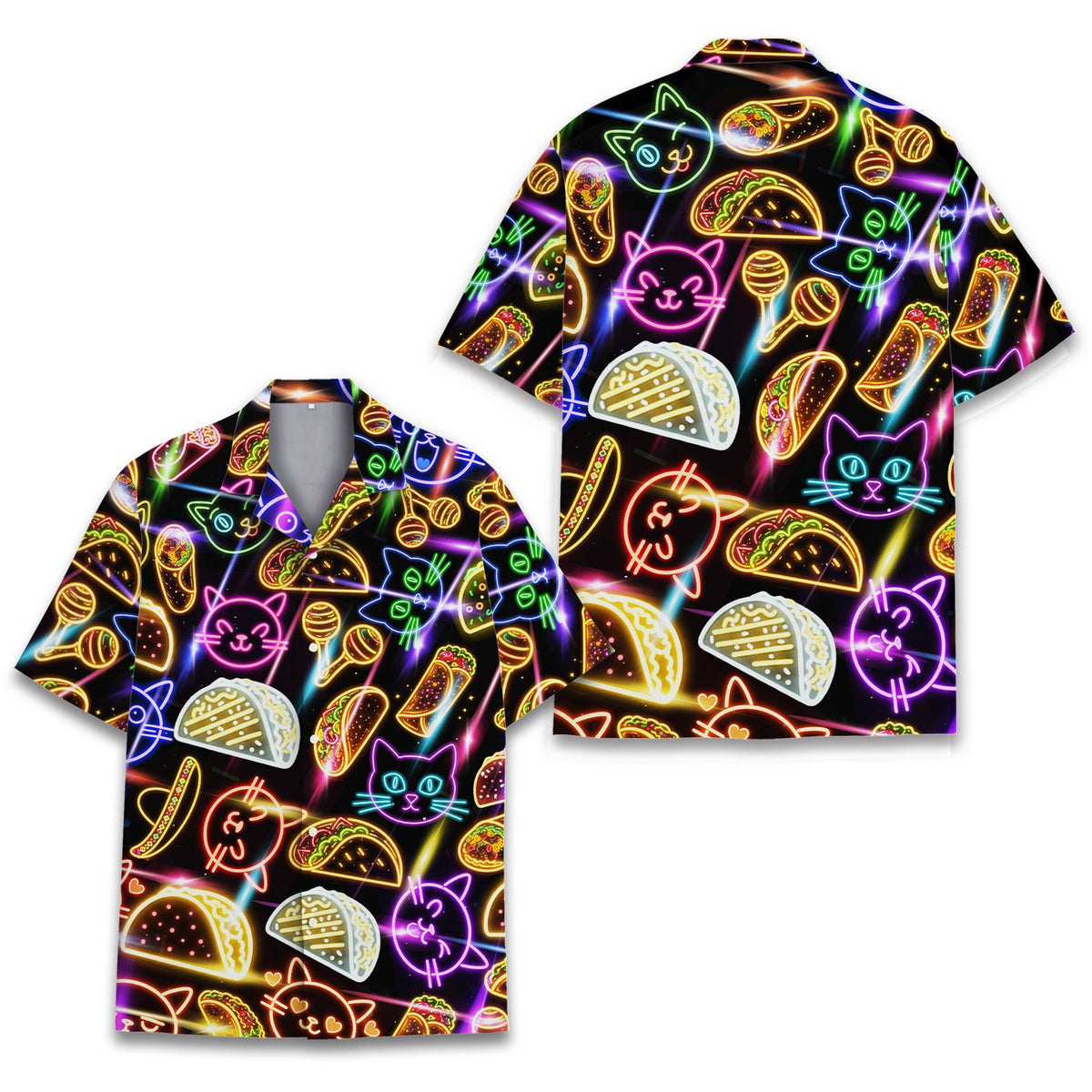 Another front view of the neon cats and tacos family matching hawaiian shirt