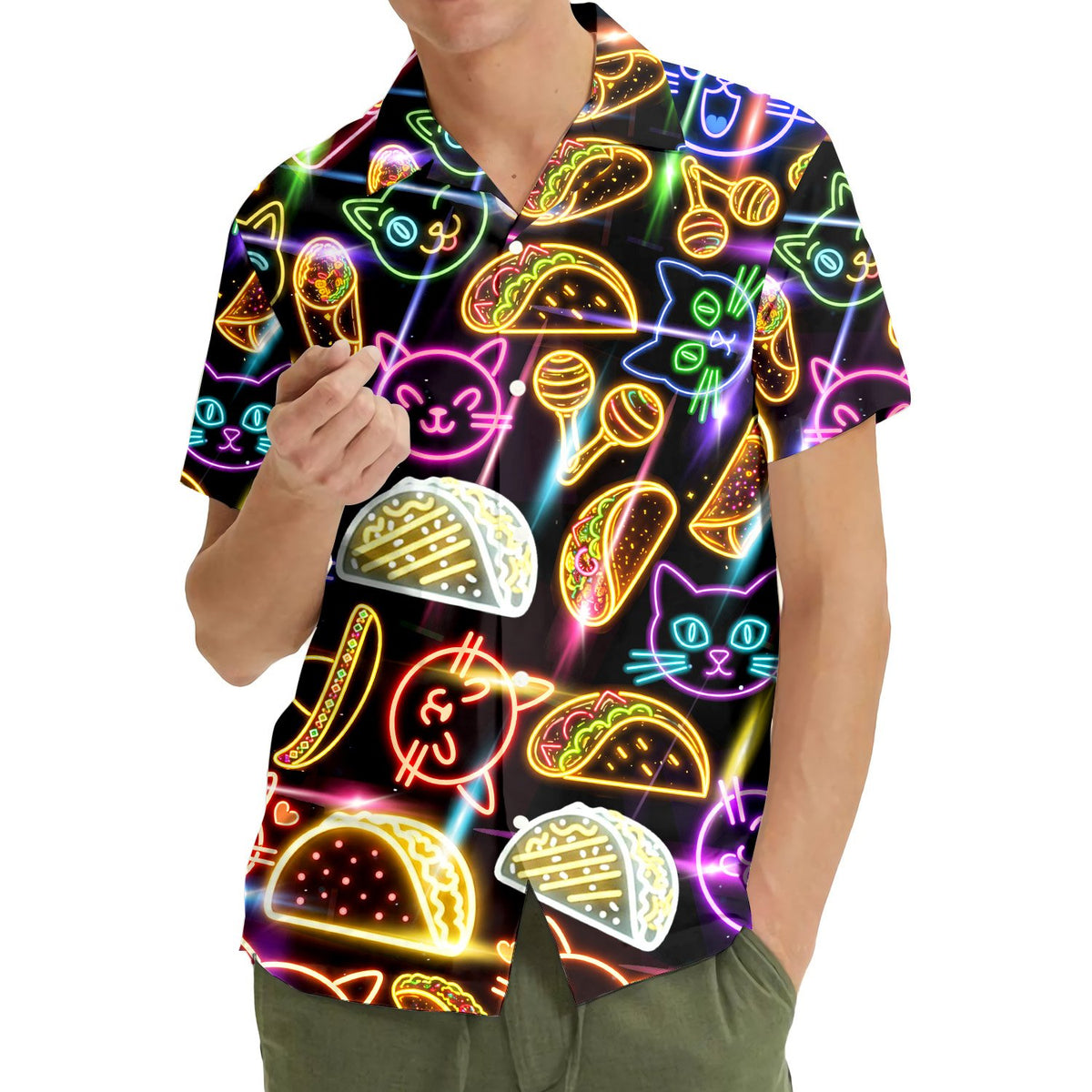 Front view of the neon cats and tacos hawaiian shirt showing glowing food and animal outlines