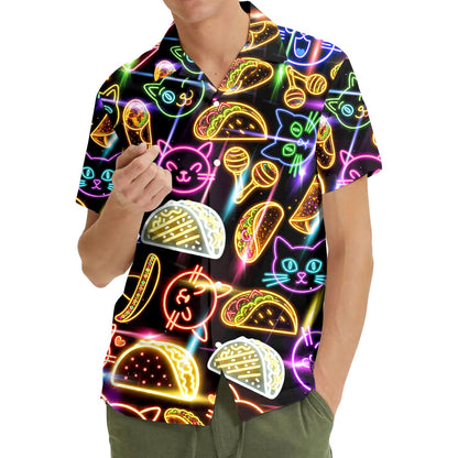 Front view of the neon cats and tacos hawaiian shirt showing glowing food and animal outlines
