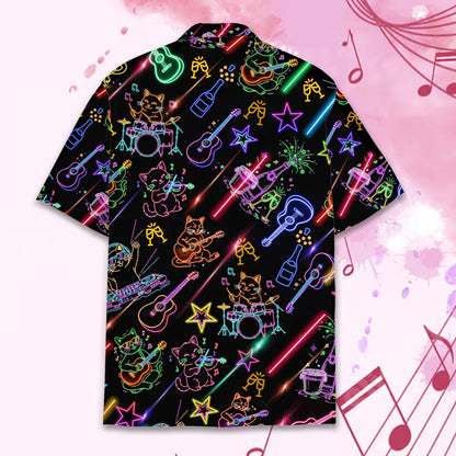 Matching family Hawaiian shirt with neon musical pattern on black background, back view