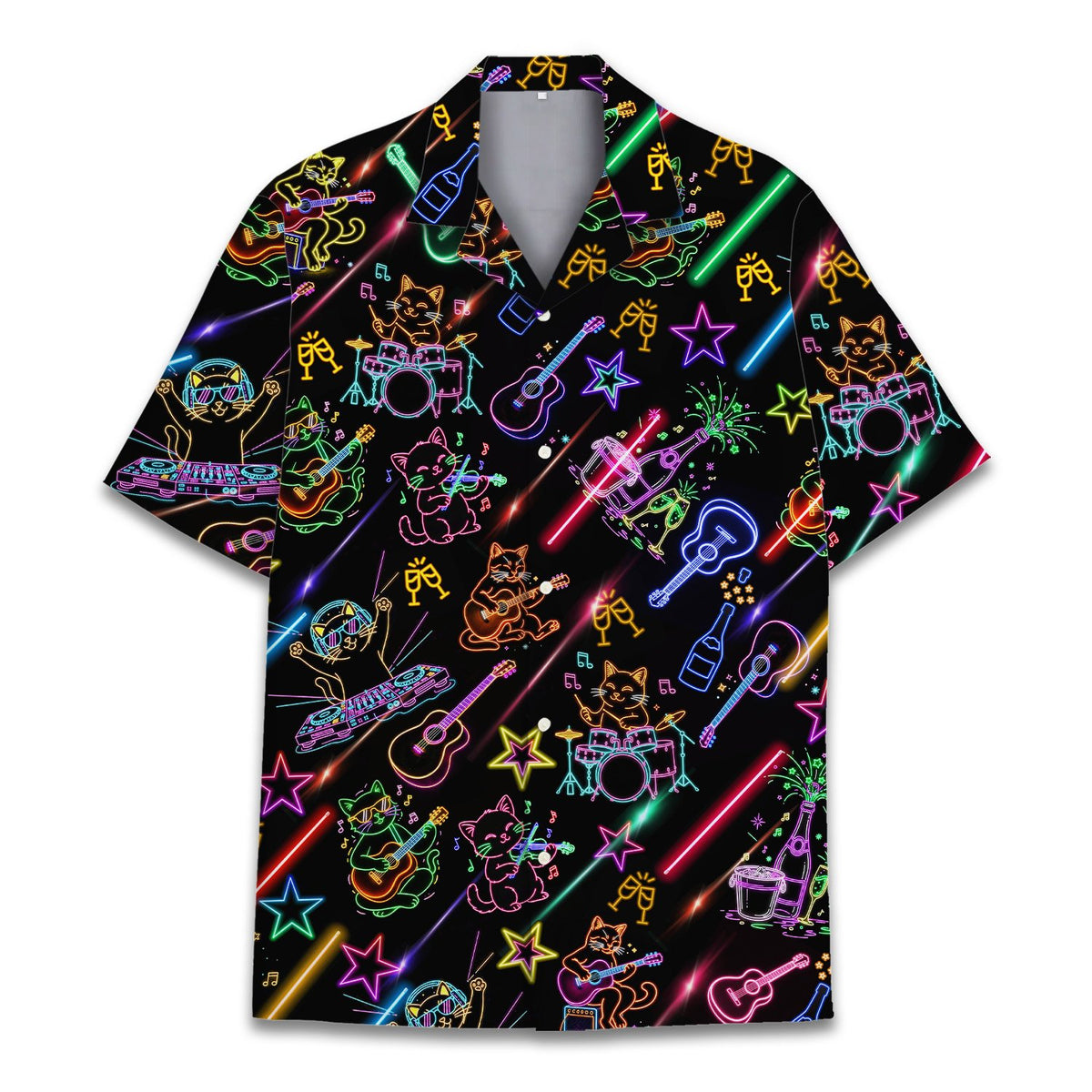 Matching family Hawaiian shirt with neon musical pattern on black background, alternate front view