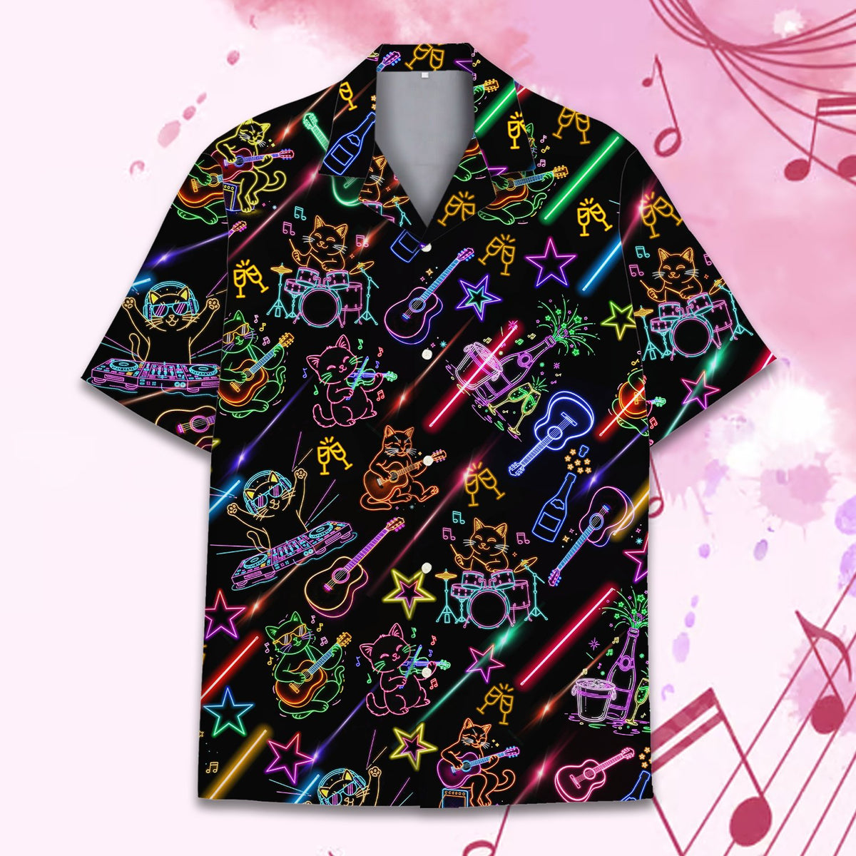 Matching family Hawaiian shirt with neon musical pattern on black background, main view