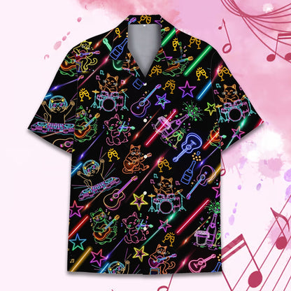 Matching family Hawaiian shirt with neon musical pattern on black background, main view