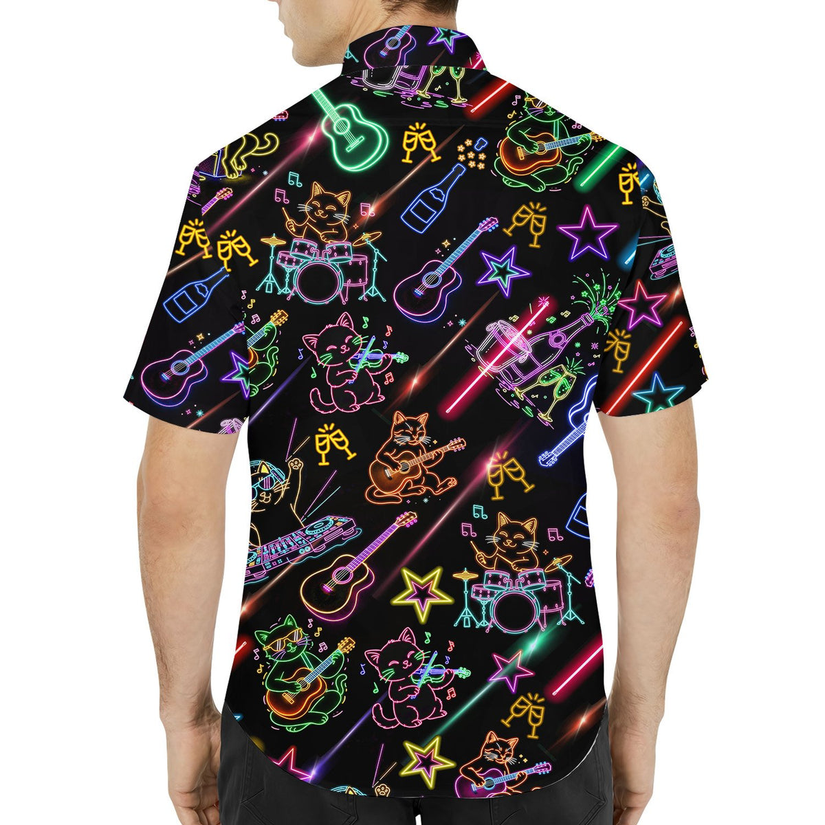 Second lifestyle view of people wearing the neon matching family Hawaiian shirt