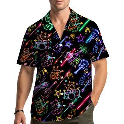Lifestyle view of people wearing the neon matching family Hawaiian shirt