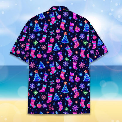 Full back view of the matching family hawaiian shirt in neon holiday design