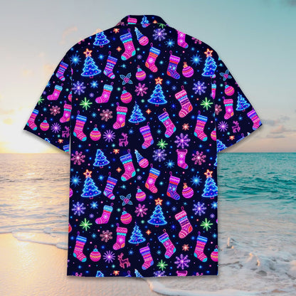 Back view of the neon lights hawaiian christmas shirt