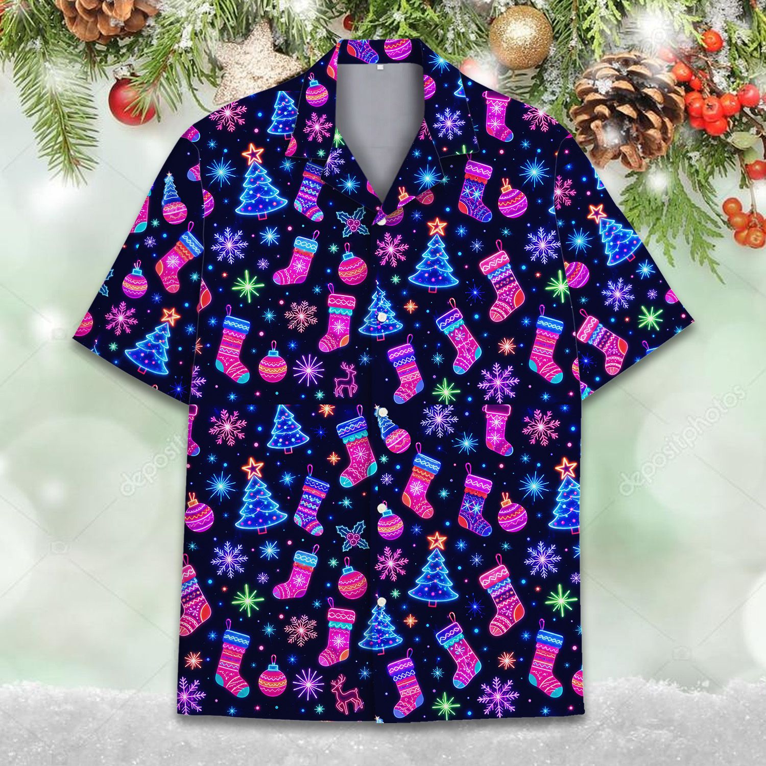Front detail view of the bright neon christmas hawaiian shirt