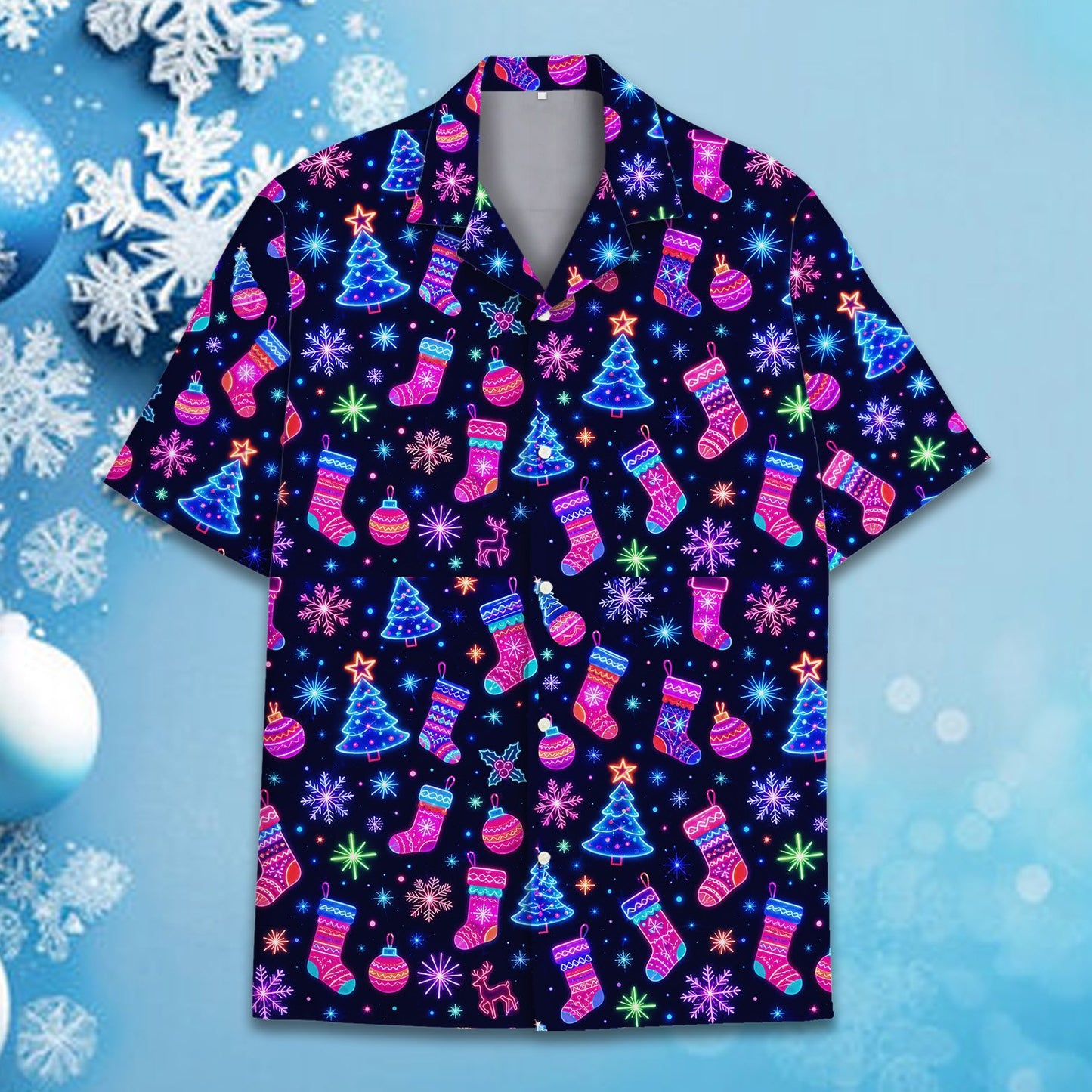 Close up front view of the neon reindeer and trees pattern on the hawaiian shirt