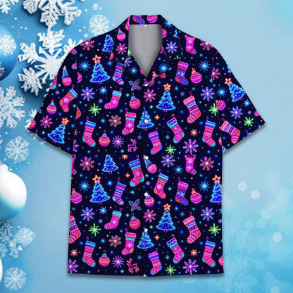 Close up front view of the neon reindeer and trees pattern on the hawaiian shirt
