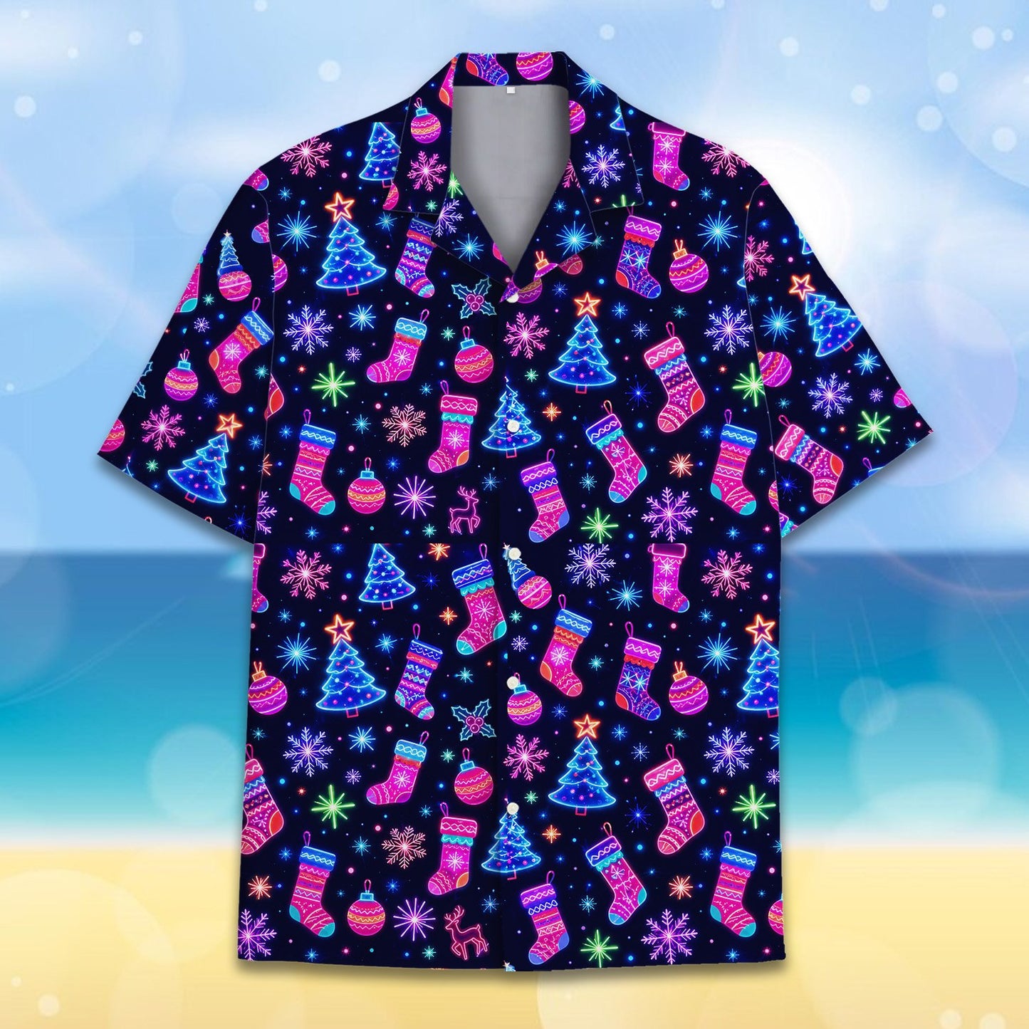 Another front view of the festive mens holiday hawaiian shirt