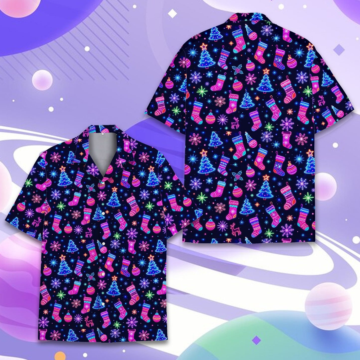 Full front view of the navy, pink, blue, and green holiday hawaiian shirt