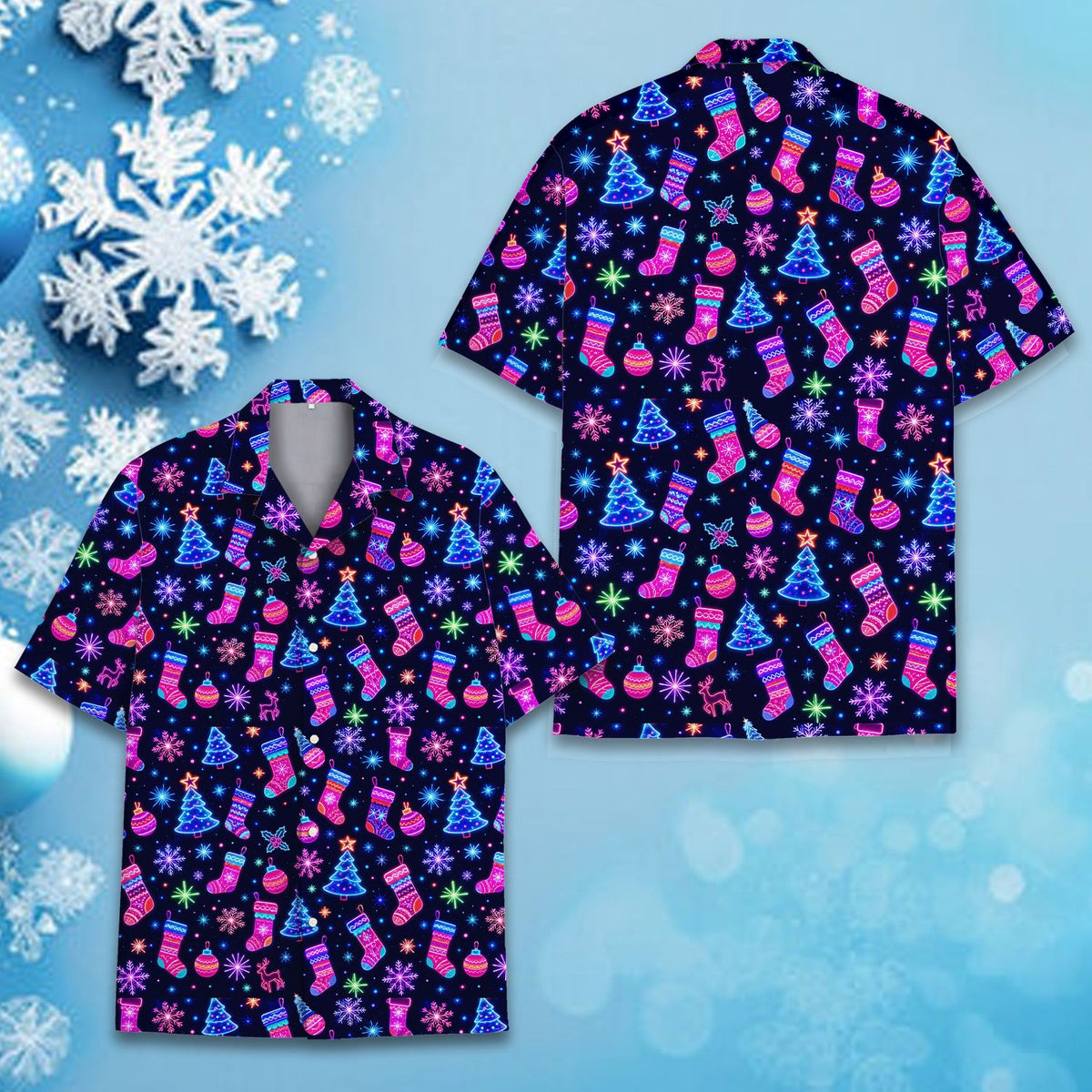 Front view of the neon holiday lights matching family hawaiian shirt