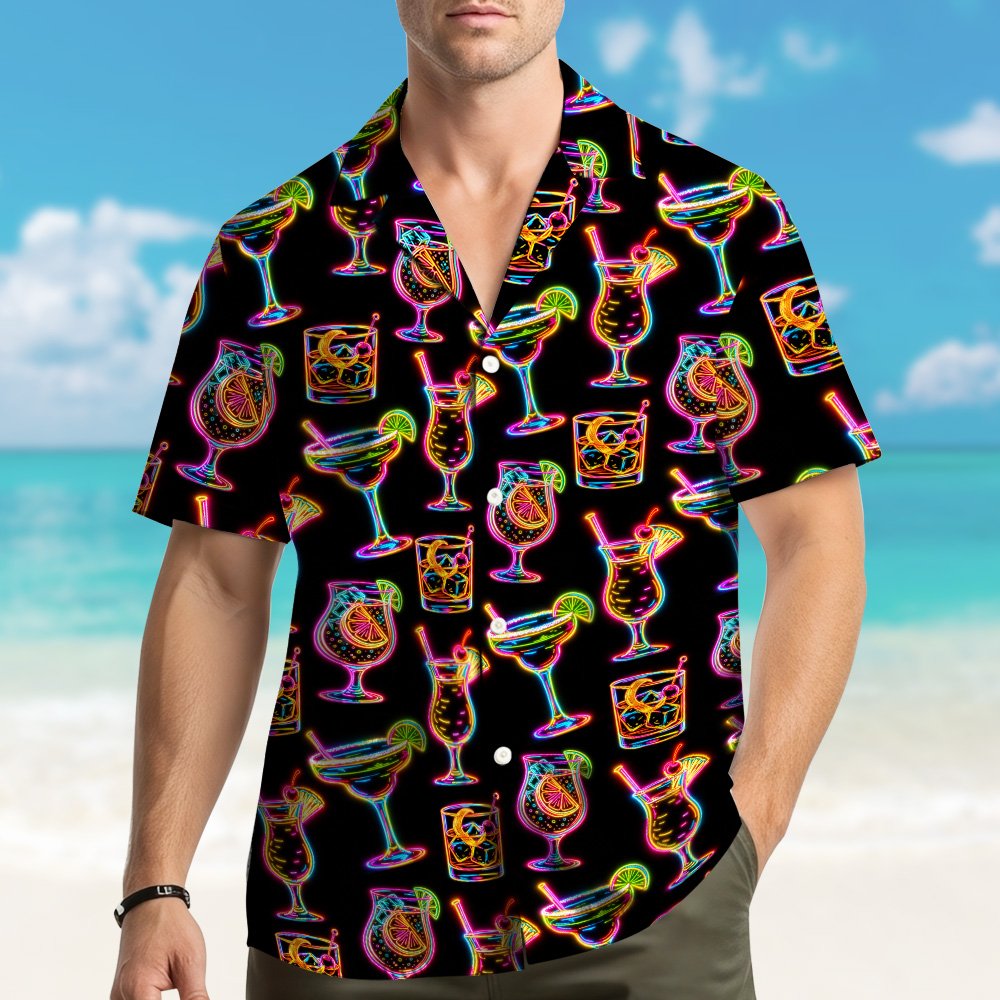Matching family neon cocktails hawaiian shirt, back view on model