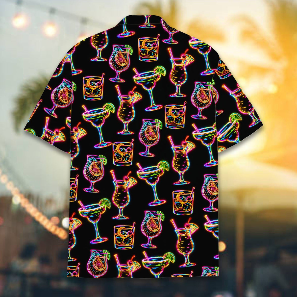 Matching family neon cocktails hawaiian shirt, front view on model