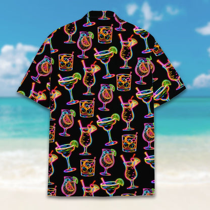 Matching family neon cocktails hawaiian shirt, front detail view