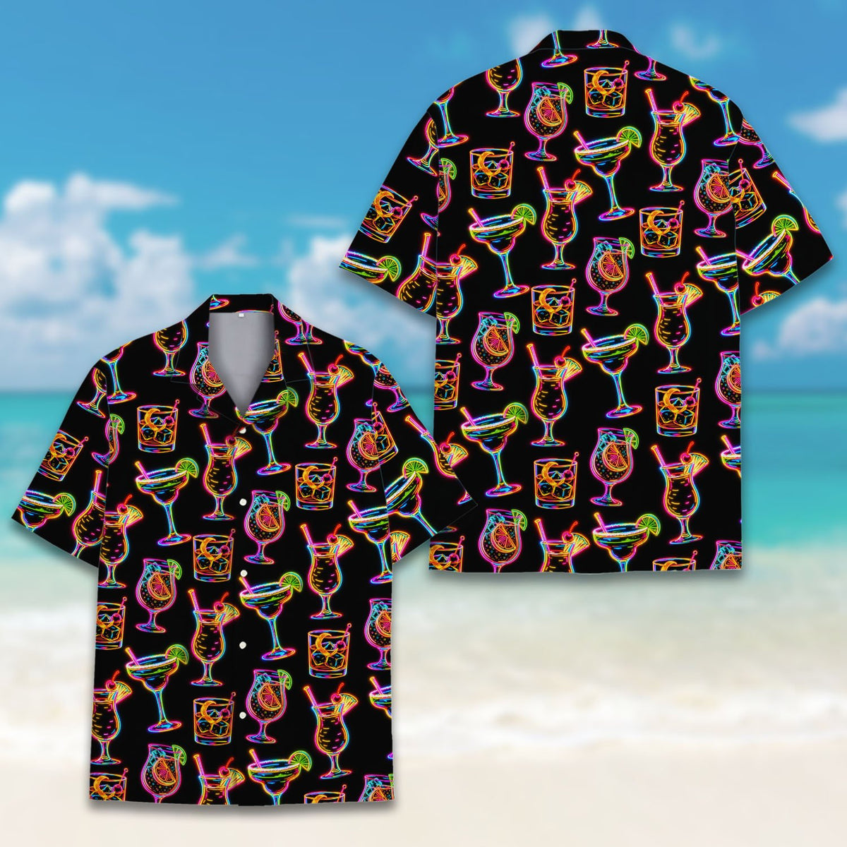 Matching family neon cocktails hawaiian shirt, front lifestyle view