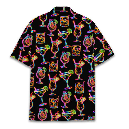 Matching family neon cocktails hawaiian shirt, black with glowing drinks print, main view