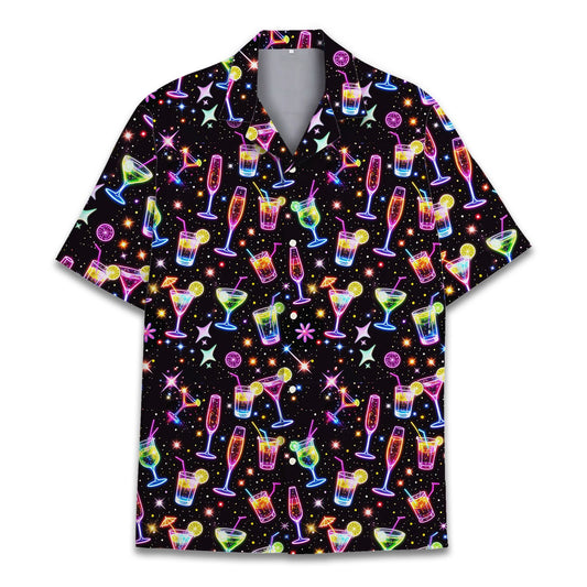 Neon cocktails hawaiian shirt with glowing drinks on a black background, main view