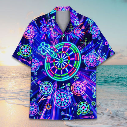 Dark blue and neon green darts hawaiian shirt, front view 4