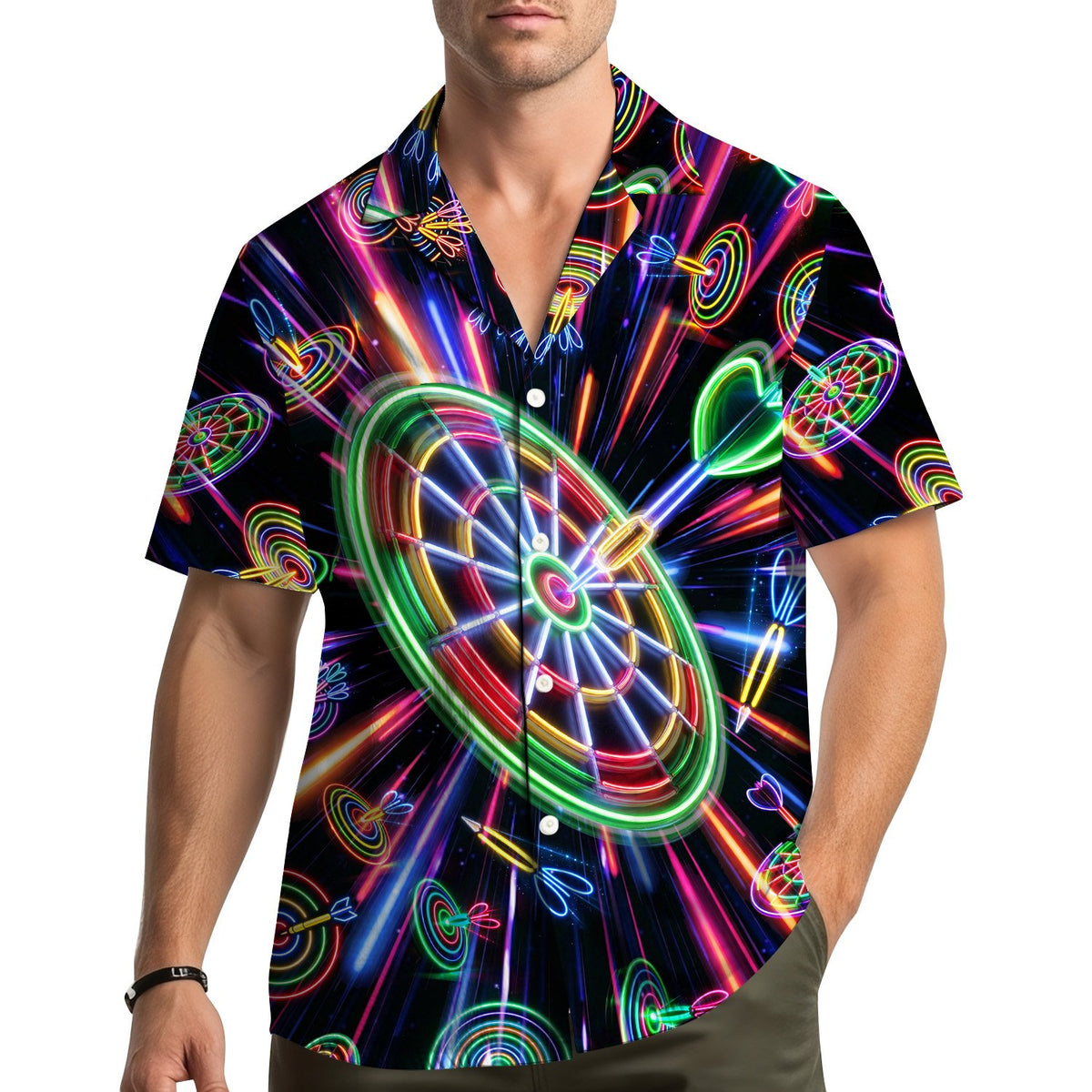 Back view of the neon darts hawaiian shirt