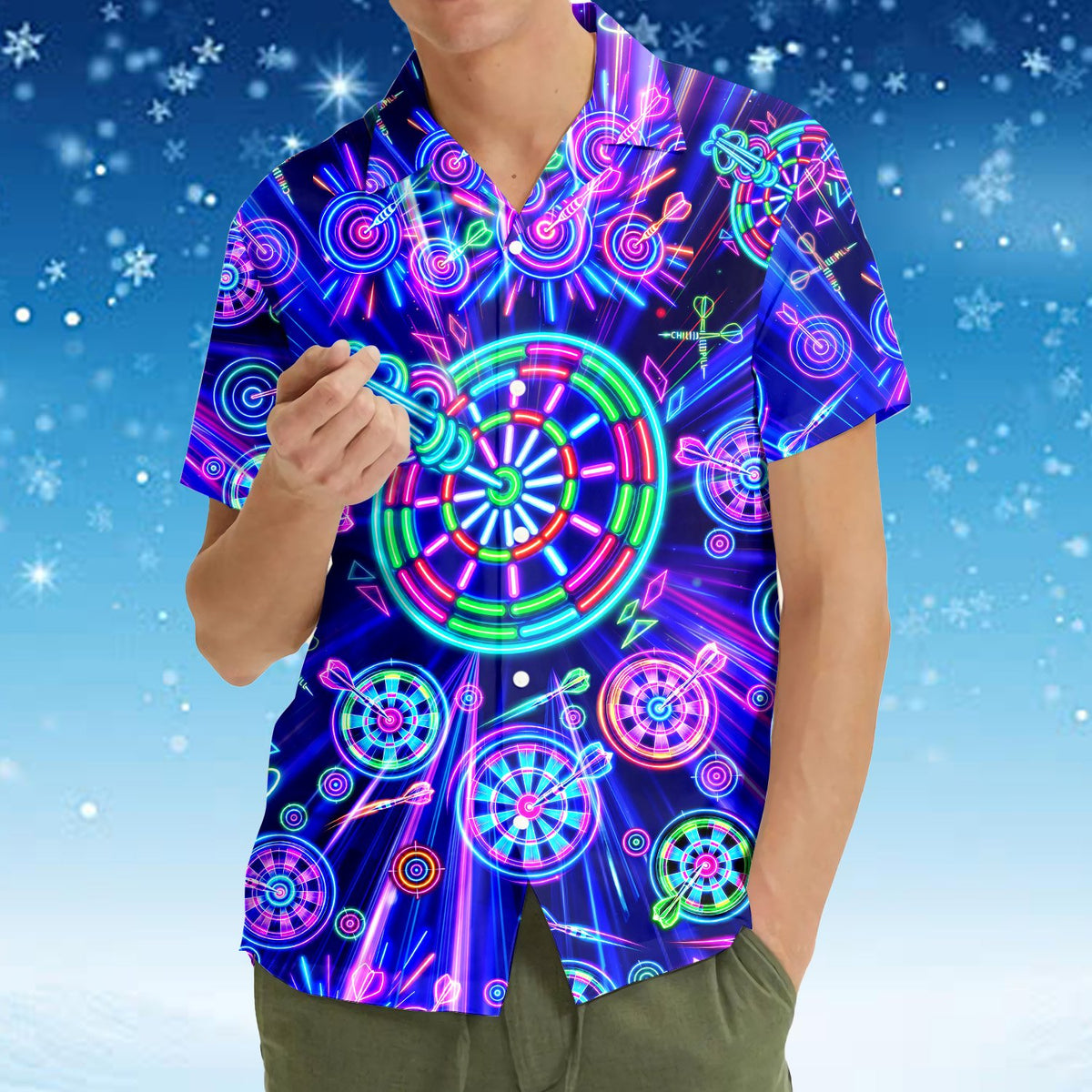Blue neon hawaiian shirt with vibrant darts design, back view