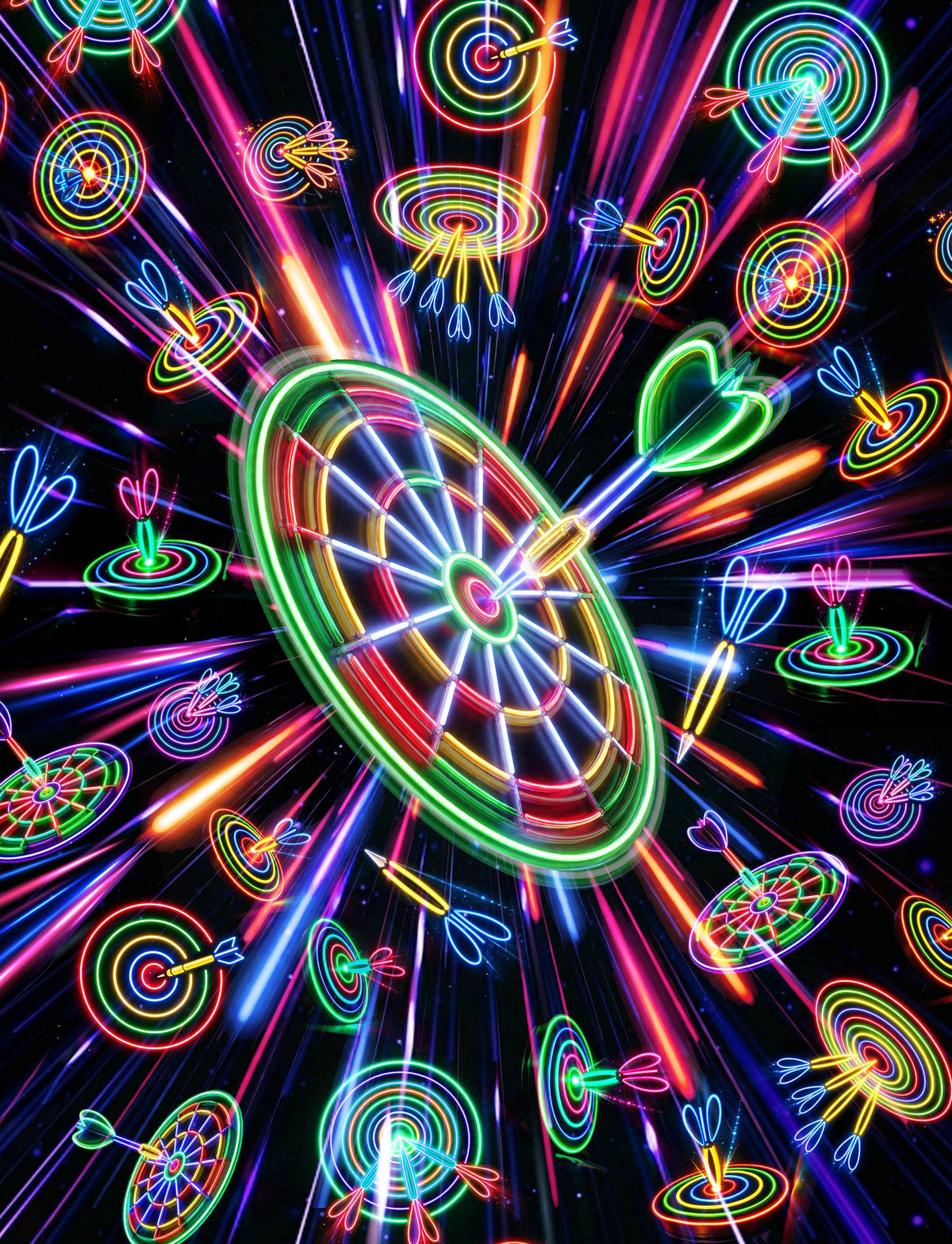 Full front view of the neon darts shirt