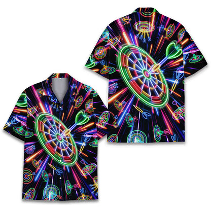 Front view of the neon darts hawaiian shirt