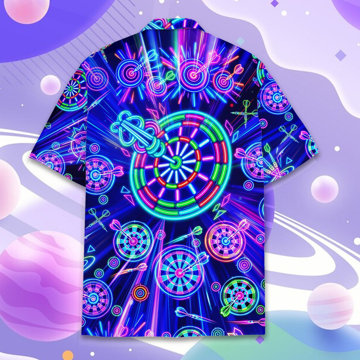 Neon darts matching family hawaiian shirt, front view