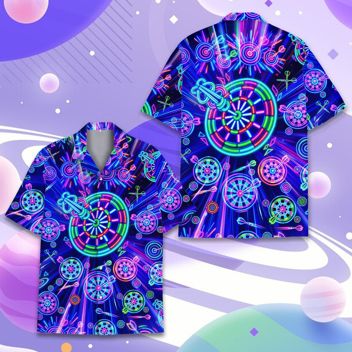 Person wearing the neon darts hawaiian shirt, lifestyle view 2