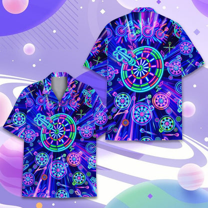 Person wearing the neon darts hawaiian shirt, lifestyle view 2