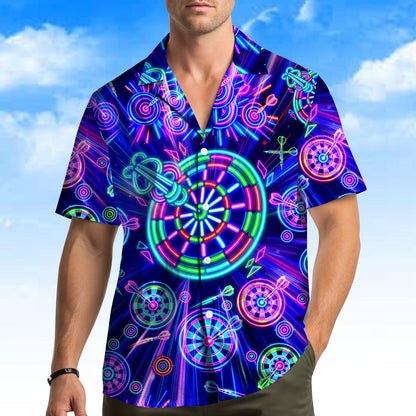Person wearing the neon darts hawaiian shirt, lifestyle view 3