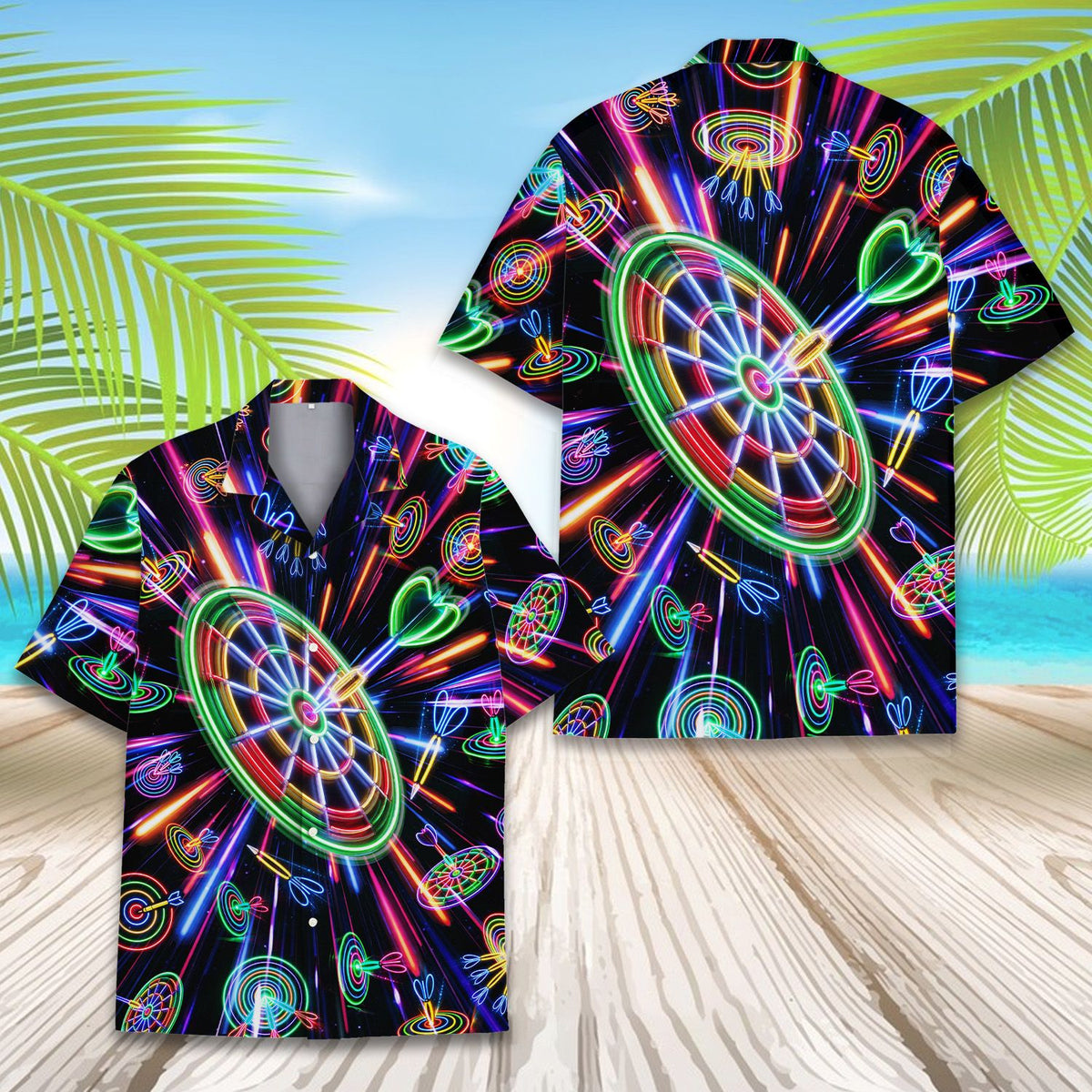 Lifestyle view featuring the neon darts hawaiian shirt