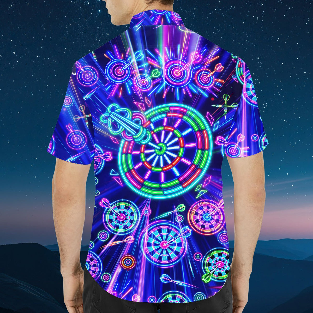 Person wearing the neon darts hawaiian shirt, lifestyle view 1