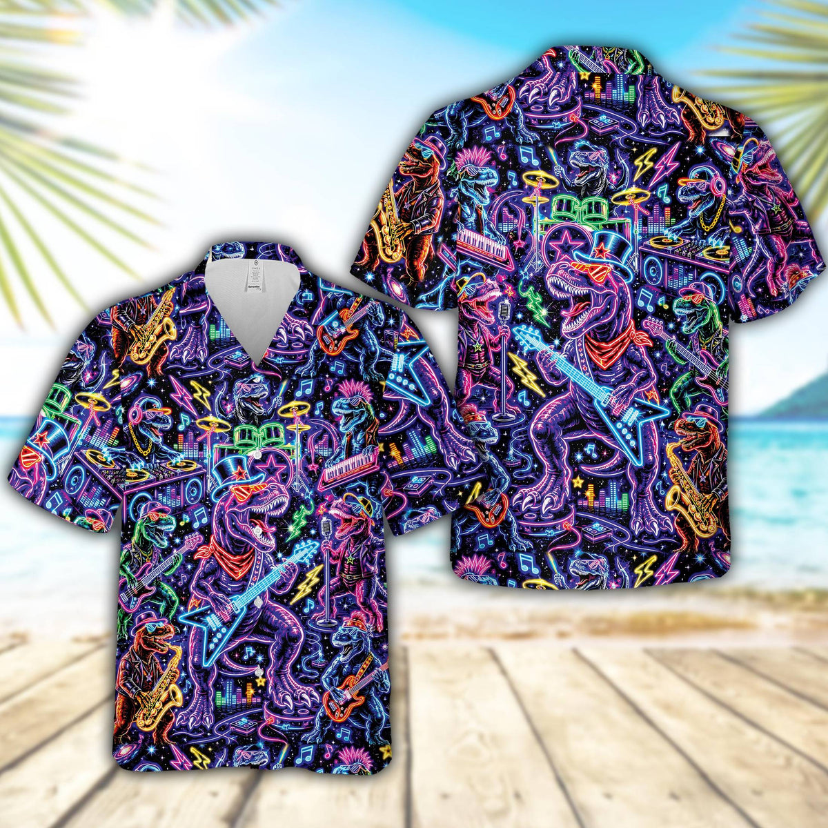 Front view of the neon dinosaur band hawaiian shirt featuring glowing dinosaurs on a black background