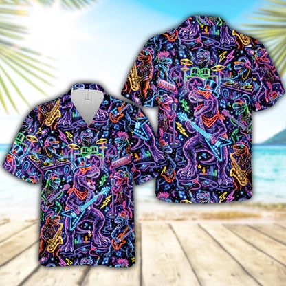 Front view of the neon dinosaur band hawaiian shirt featuring glowing dinosaurs on a black background