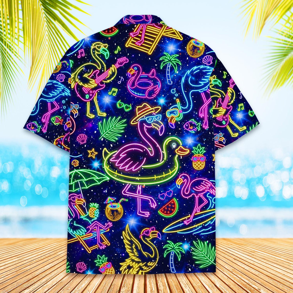 Second back view of the neon hawaiian shirt