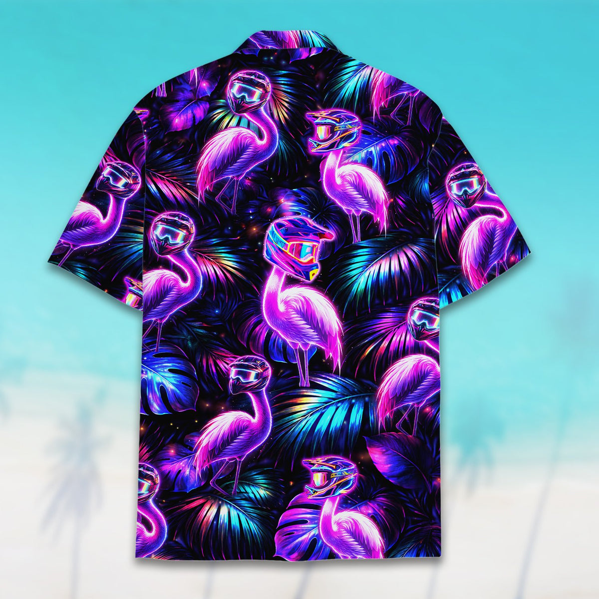 Detailed back view of the vibrant tropical flamingo hawaiian shirt pattern