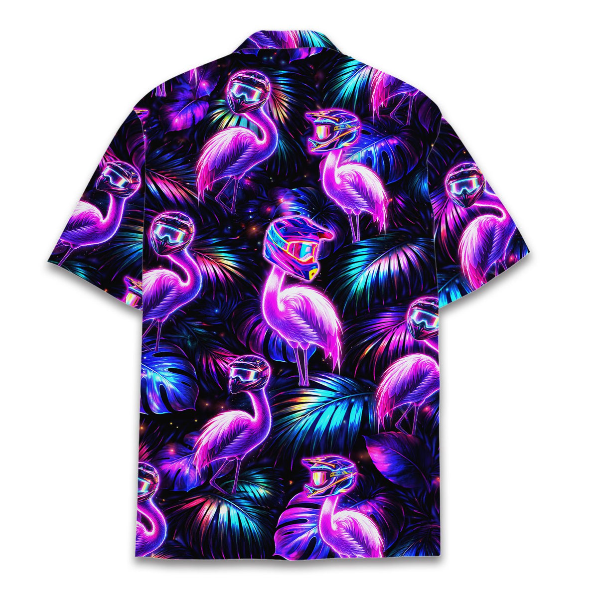 Back view of the retro-futuristic neon flamingo hawaiian shirt