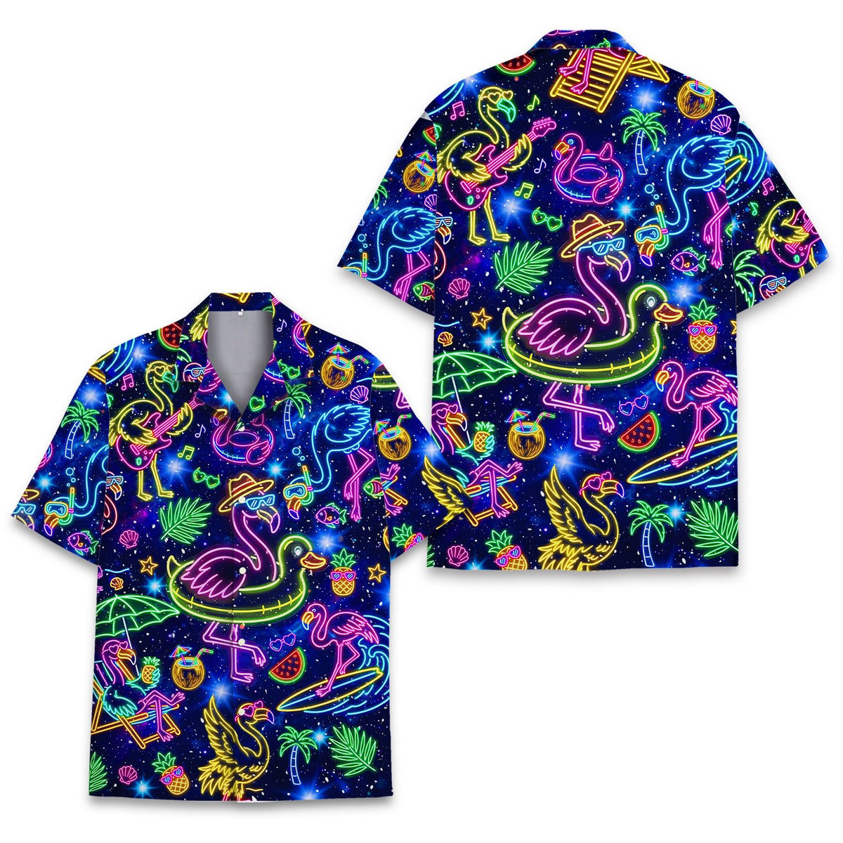 Another front view of neon flamingo hawaiian shirt