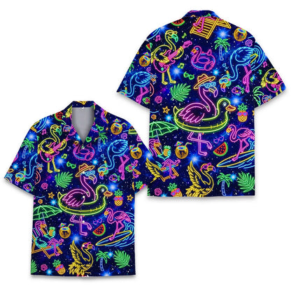 Another front view of neon flamingo hawaiian shirt