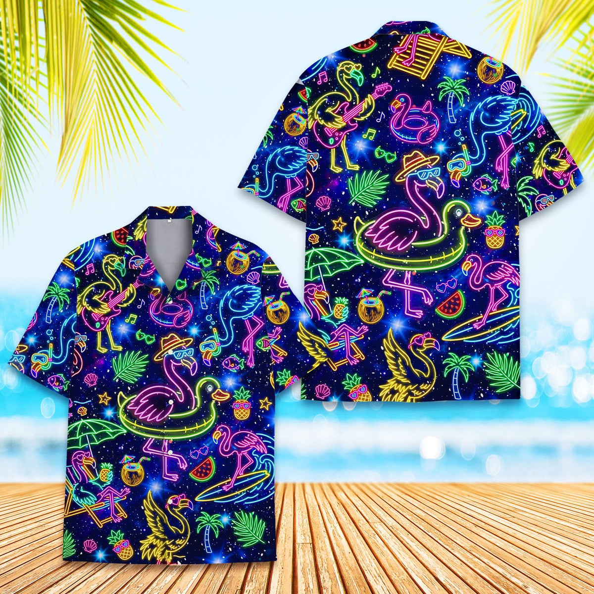 Close-up front view of the navy neon hawaiian shirt