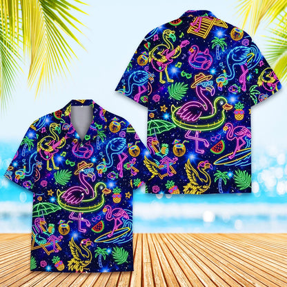 Close-up front view of the navy neon hawaiian shirt