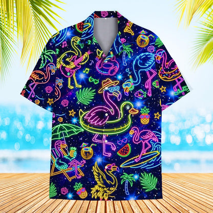 Front view of matching family hawaiian shirt with neon flamingos