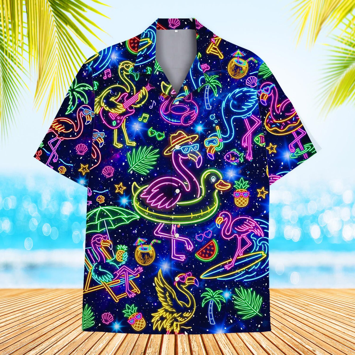 Main view of navy neon hawaiian shirt featuring neon flamingo design
