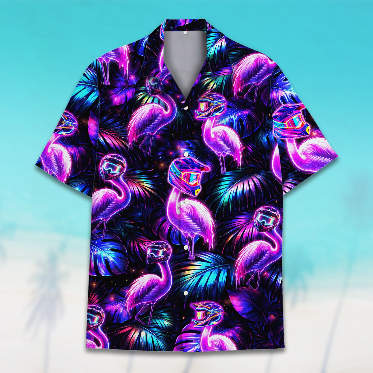 Main view of the neon flamingo hawaiian shirt featuring pink flamingos in motocross helmets