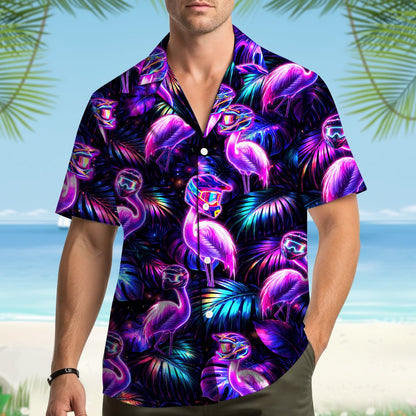 Second lifestyle view featuring the matching family hawaiian shirts neon flamingo design