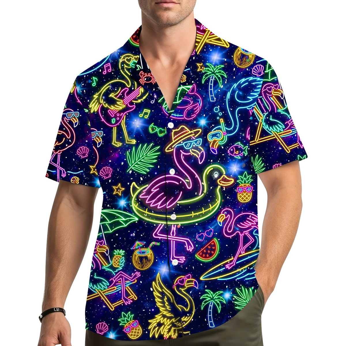 Third lifestyle view featuring the matching family hawaiian shirts